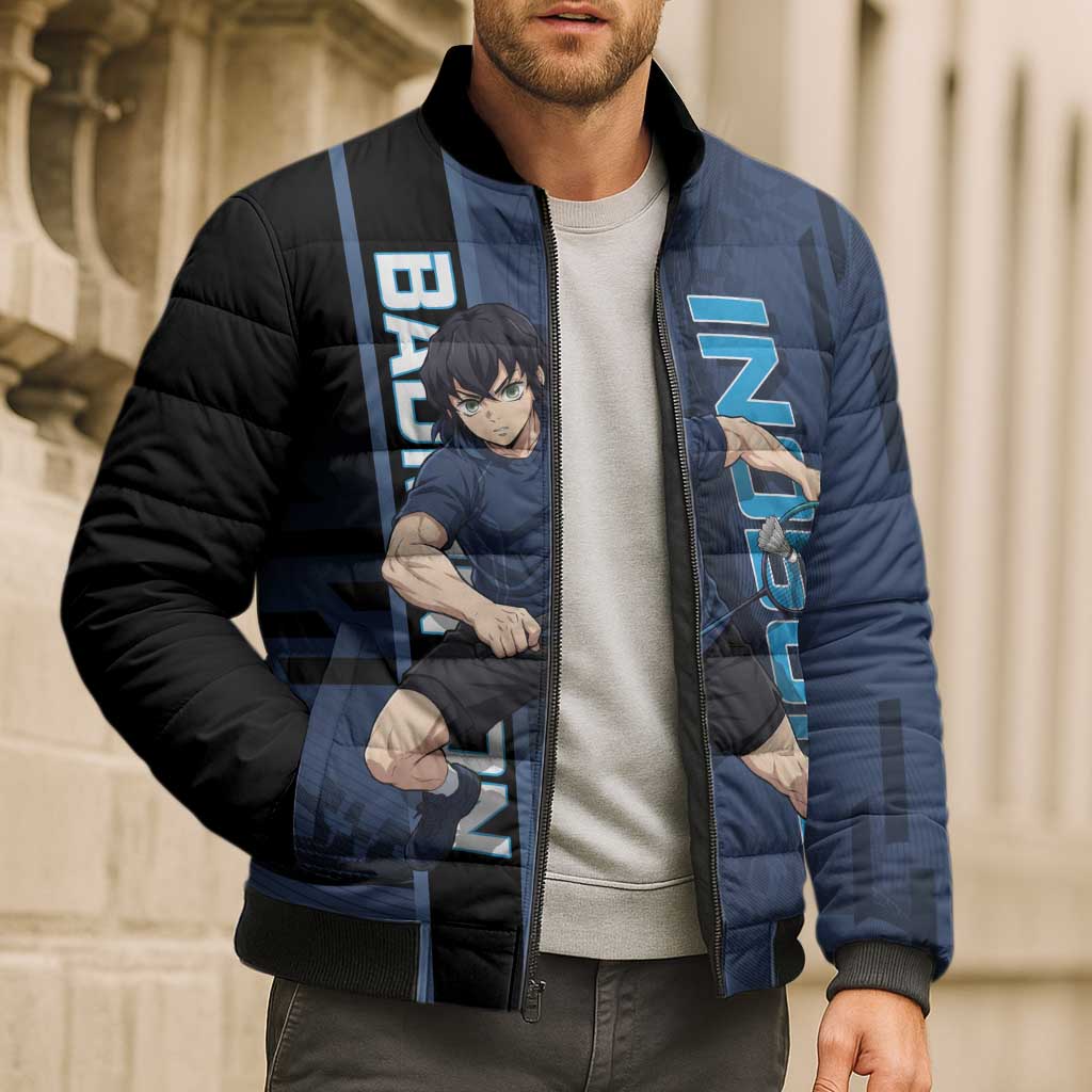Personalized Inosuke Blue Lock Bomber Puffer Jacket Crossover Badminton Design with Action Pose - The Mazicc