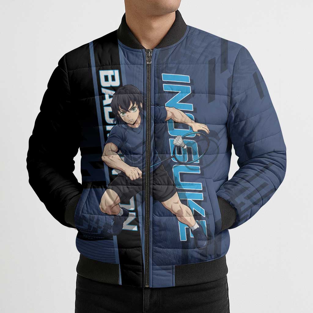 Personalized Inosuke Blue Lock Bomber Puffer Jacket Crossover Badminton Design with Action Pose - The Mazicc