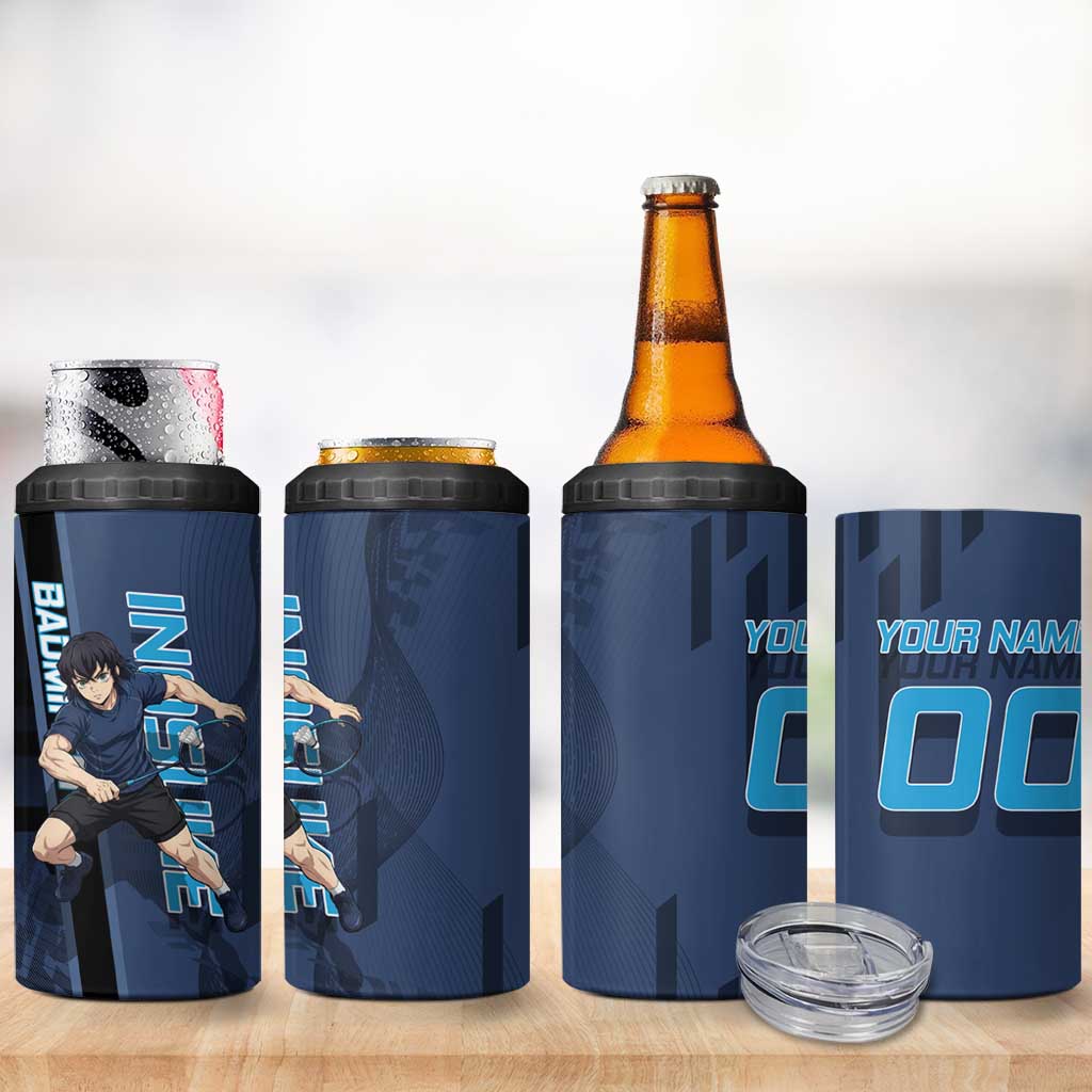 Personalized Inosuke Blue Lock 4 in 1 Can Cooler Tumbler Crossover Badminton Design with Action Pose - The Mazicc