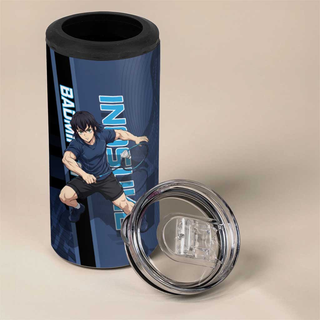 Personalized Inosuke Blue Lock 4 in 1 Can Cooler Tumbler Crossover Badminton Design with Action Pose - The Mazicc