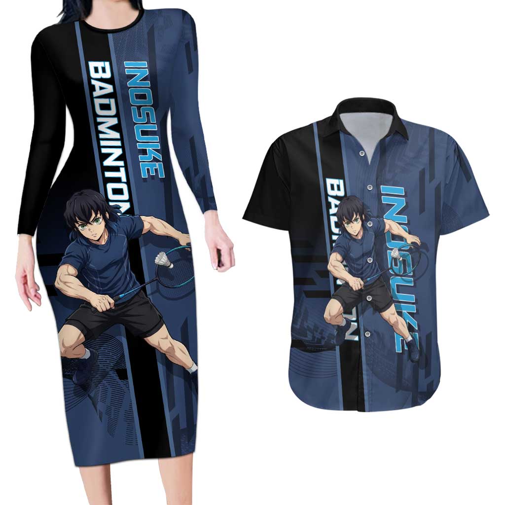 Personalized Inosuke Blue Lock Couples Matching Long Sleeve Bodycon Dress and Hawaiian Shirt Crossover Badminton Design with Action Pose - The Mazicc