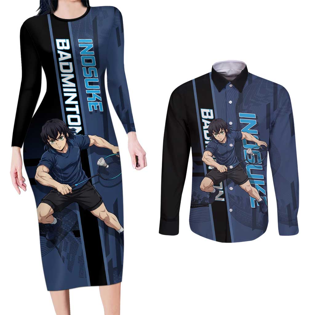 Personalized Inosuke Blue Lock Couples Matching Long Sleeve Bodycon Dress and Long Sleeve Button Shirt Crossover Badminton Design with Action Pose - The Mazicc