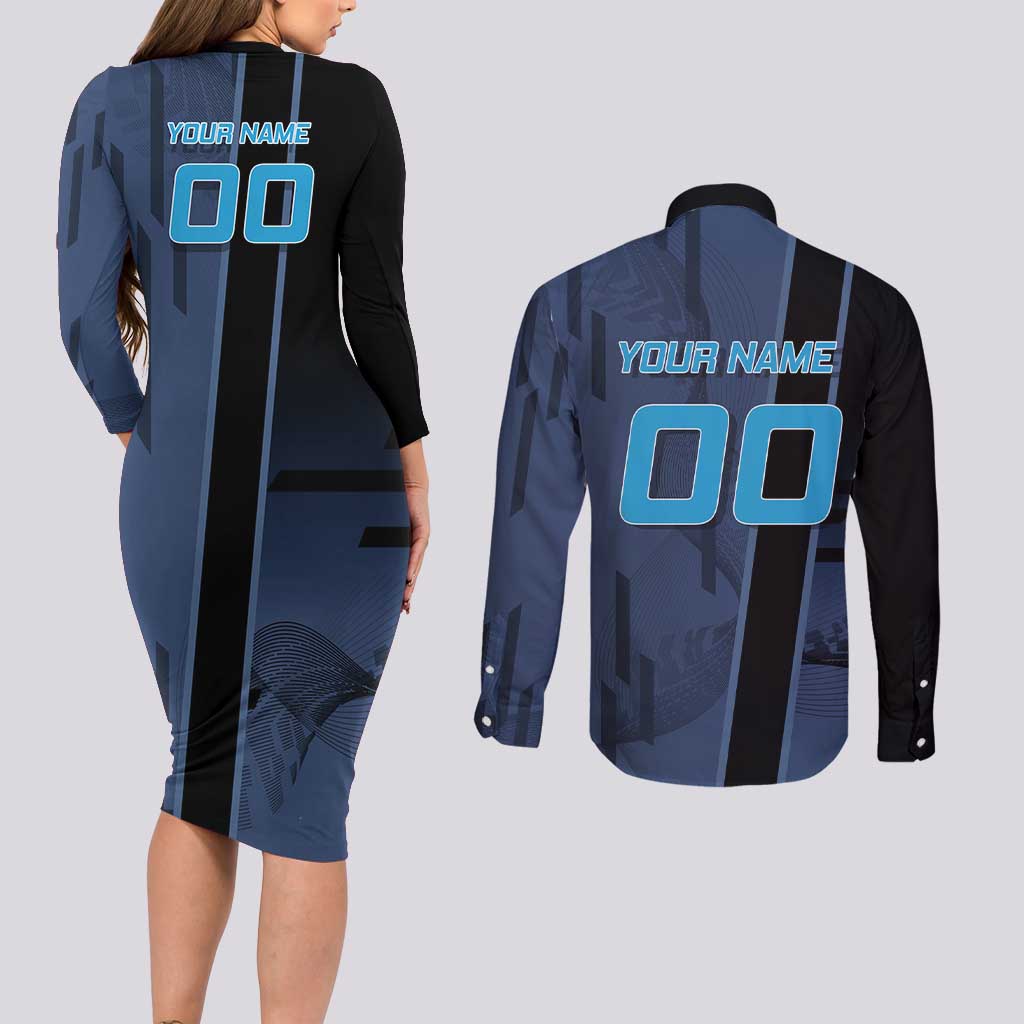 Personalized Inosuke Blue Lock Couples Matching Long Sleeve Bodycon Dress and Long Sleeve Button Shirt Crossover Badminton Design with Action Pose - The Mazicc