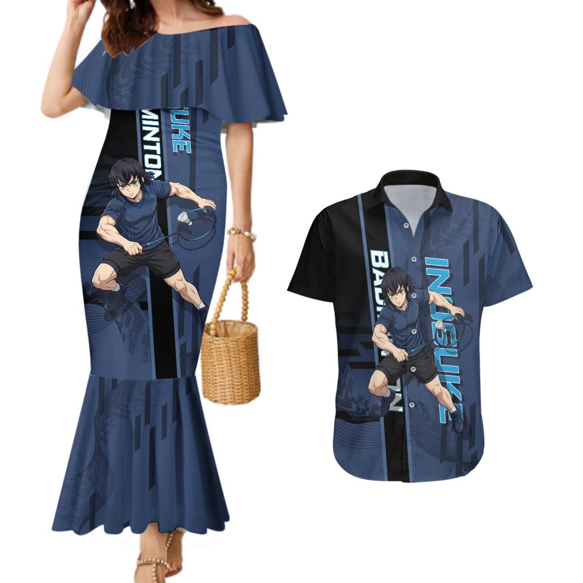 Personalized Inosuke Blue Lock Couples Matching Mermaid Dress and Hawaiian Shirt Crossover Badminton Design with Action Pose - The Mazicc