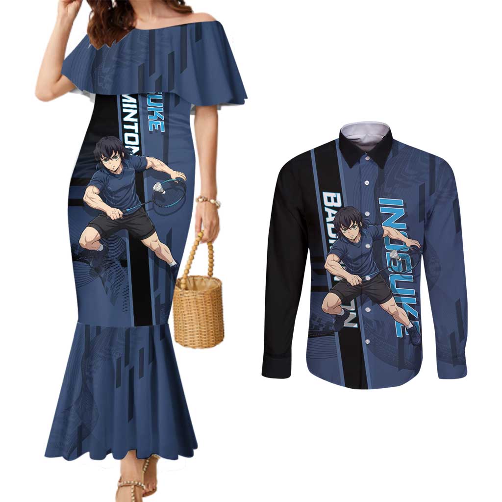 Personalized Inosuke Blue Lock Couples Matching Mermaid Dress and Long Sleeve Button Shirt Crossover Badminton Design with Action Pose - The Mazicc