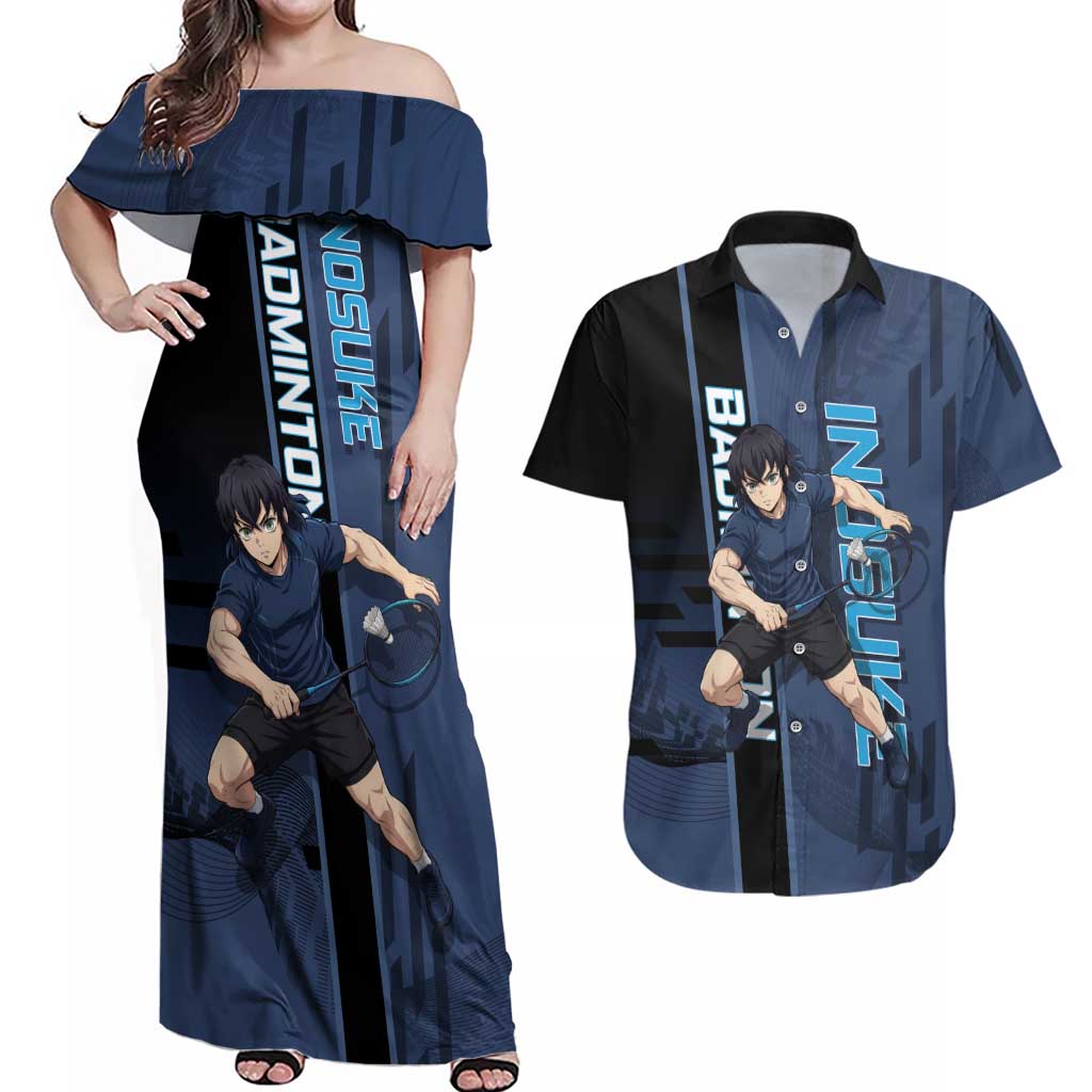 Personalized Inosuke Blue Lock Couples Matching Off Shoulder Maxi Dress and Hawaiian Shirt Crossover Badminton Design with Action Pose - The Mazicc