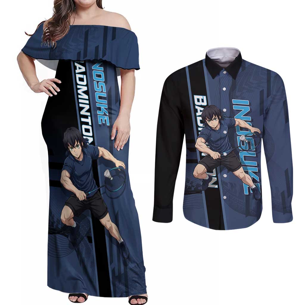 Personalized Inosuke Blue Lock Couples Matching Off Shoulder Maxi Dress and Long Sleeve Button Shirt Crossover Badminton Design with Action Pose - The Mazicc