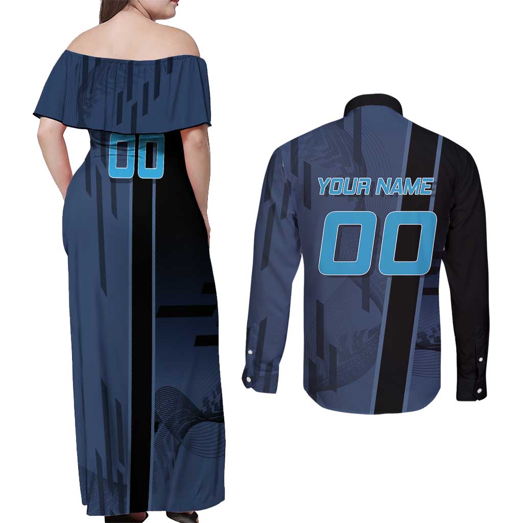 Personalized Inosuke Blue Lock Couples Matching Off Shoulder Maxi Dress and Long Sleeve Button Shirt Crossover Badminton Design with Action Pose - The Mazicc