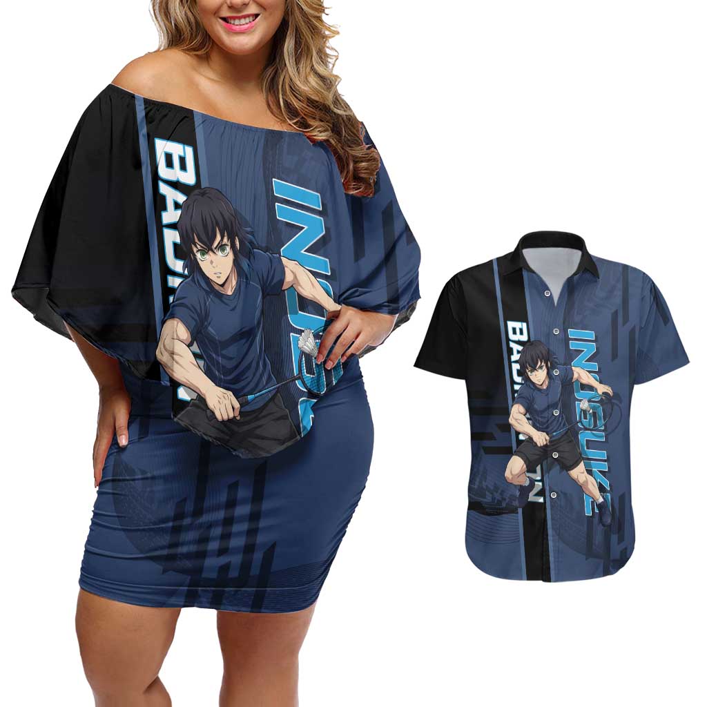 Personalized Inosuke Blue Lock Couples Matching Off Shoulder Short Dress and Hawaiian Shirt Crossover Badminton Design with Action Pose - The Mazicc