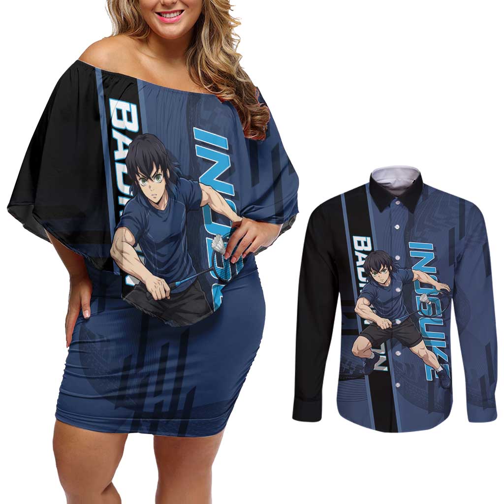 Personalized Inosuke Blue Lock Couples Matching Off Shoulder Short Dress and Long Sleeve Button Shirt Crossover Badminton Design with Action Pose - The Mazicc