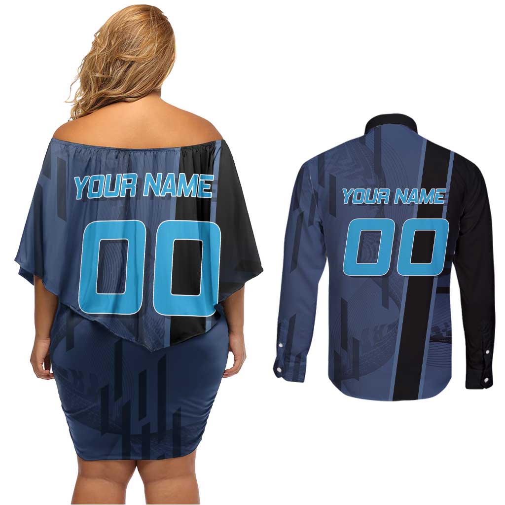 Personalized Inosuke Blue Lock Couples Matching Off Shoulder Short Dress and Long Sleeve Button Shirt Crossover Badminton Design with Action Pose - The Mazicc