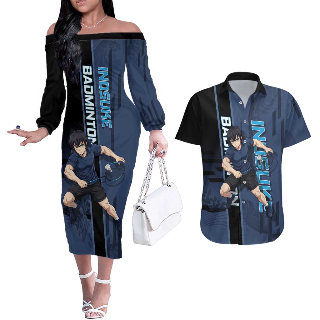 Personalized Inosuke Blue Lock Couples Matching Off The Shoulder Long Sleeve Dress and Hawaiian Shirt Crossover Badminton Design with Action Pose - The Mazicc