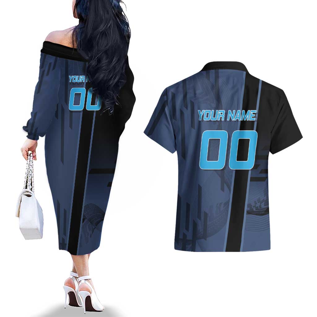 Personalized Inosuke Blue Lock Couples Matching Off The Shoulder Long Sleeve Dress and Hawaiian Shirt Crossover Badminton Design with Action Pose - The Mazicc