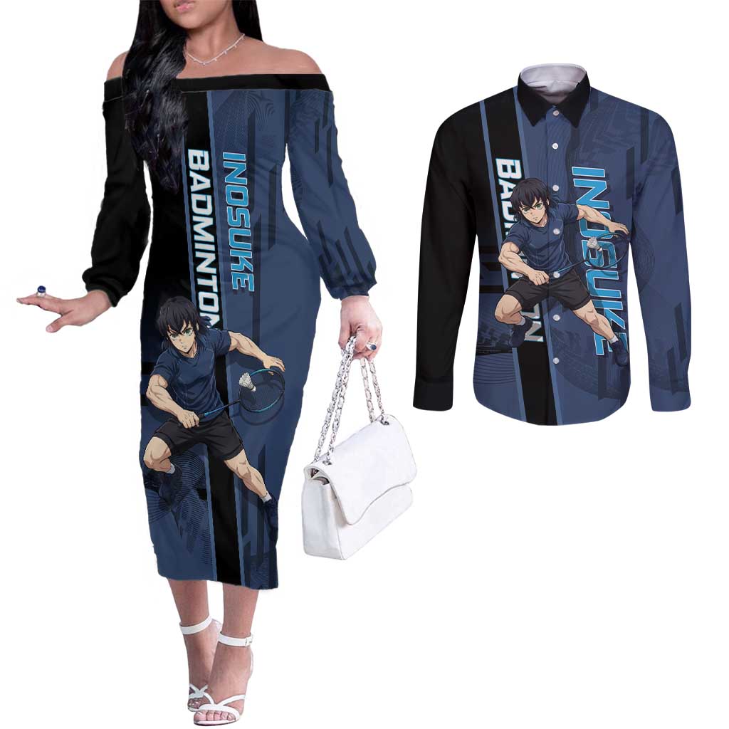 Personalized Inosuke Blue Lock Couples Matching Off The Shoulder Long Sleeve Dress and Long Sleeve Button Shirt Crossover Badminton Design with Action Pose - The Mazicc