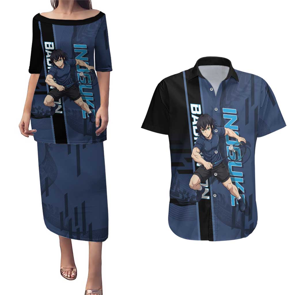Personalized Inosuke Blue Lock Couples Matching Puletasi and Hawaiian Shirt Crossover Badminton Design with Action Pose - The Mazicc