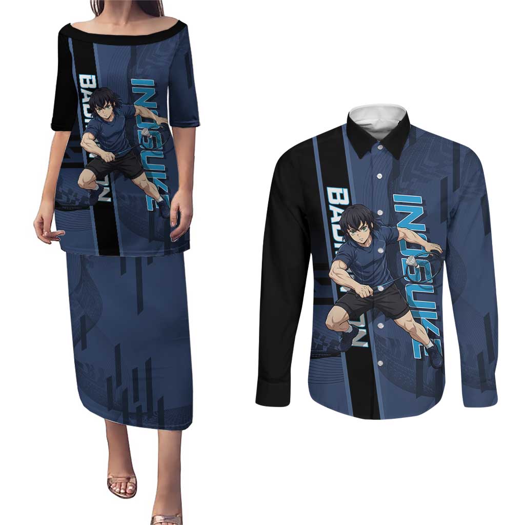 Personalized Inosuke Blue Lock Couples Matching Puletasi and Long Sleeve Button Shirt Crossover Badminton Design with Action Pose - The Mazicc