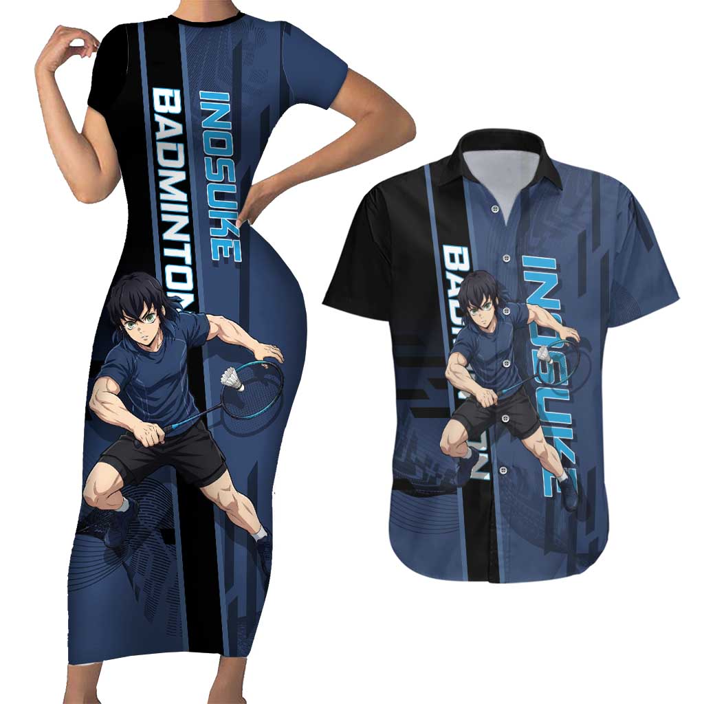 Personalized Inosuke Blue Lock Couples Matching Short Sleeve Bodycon Dress and Hawaiian Shirt Crossover Badminton Design with Action Pose - The Mazicc