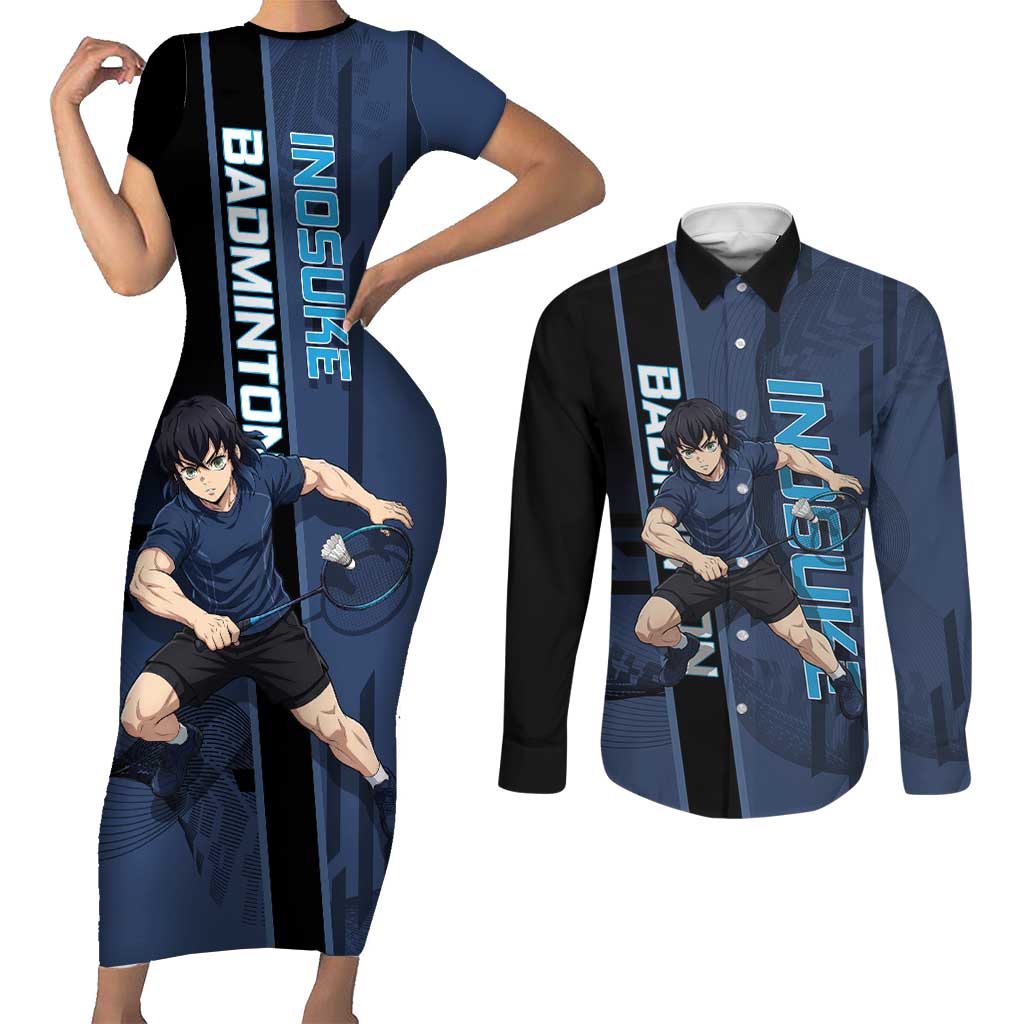 Personalized Inosuke Blue Lock Couples Matching Short Sleeve Bodycon Dress and Long Sleeve Button Shirt Crossover Badminton Design with Action Pose - The Mazicc