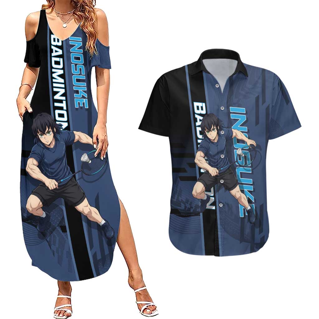 Personalized Inosuke Blue Lock Couples Matching Summer Maxi Dress and Hawaiian Shirt Crossover Badminton Design with Action Pose - The Mazicc