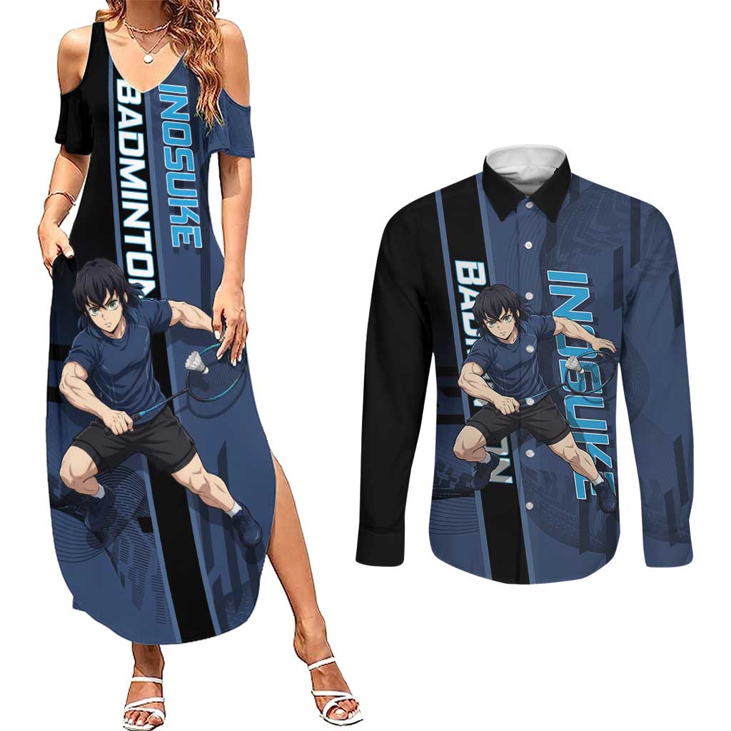 Personalized Inosuke Blue Lock Couples Matching Summer Maxi Dress and Long Sleeve Button Shirt Crossover Badminton Design with Action Pose - The Mazicc