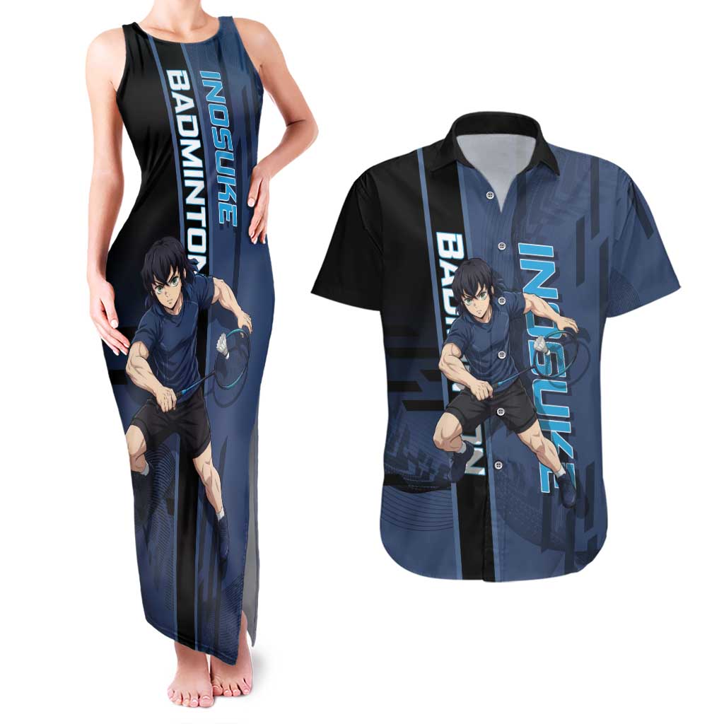 Personalized Inosuke Blue Lock Couples Matching Tank Maxi Dress and Hawaiian Shirt Crossover Badminton Design with Action Pose - The Mazicc