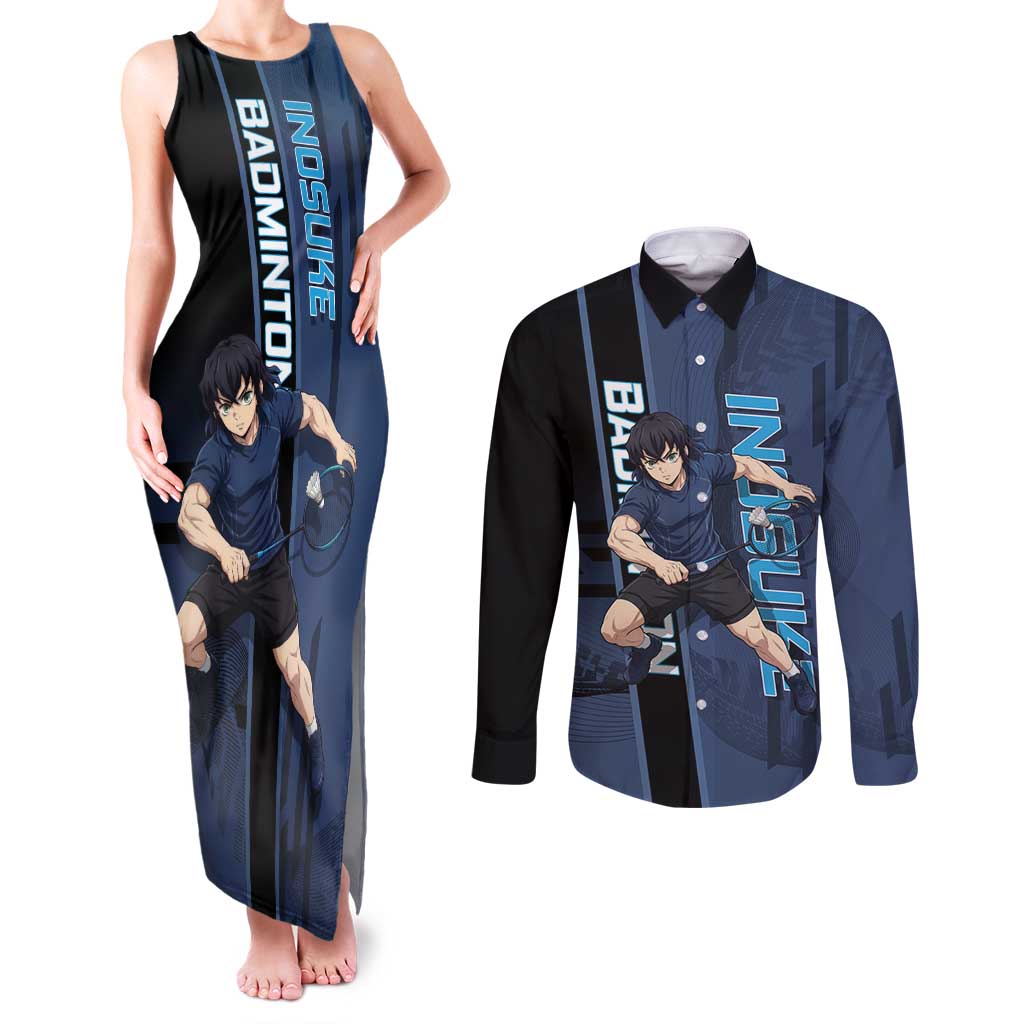 Personalized Inosuke Blue Lock Couples Matching Tank Maxi Dress and Long Sleeve Button Shirt Crossover Badminton Design with Action Pose - The Mazicc