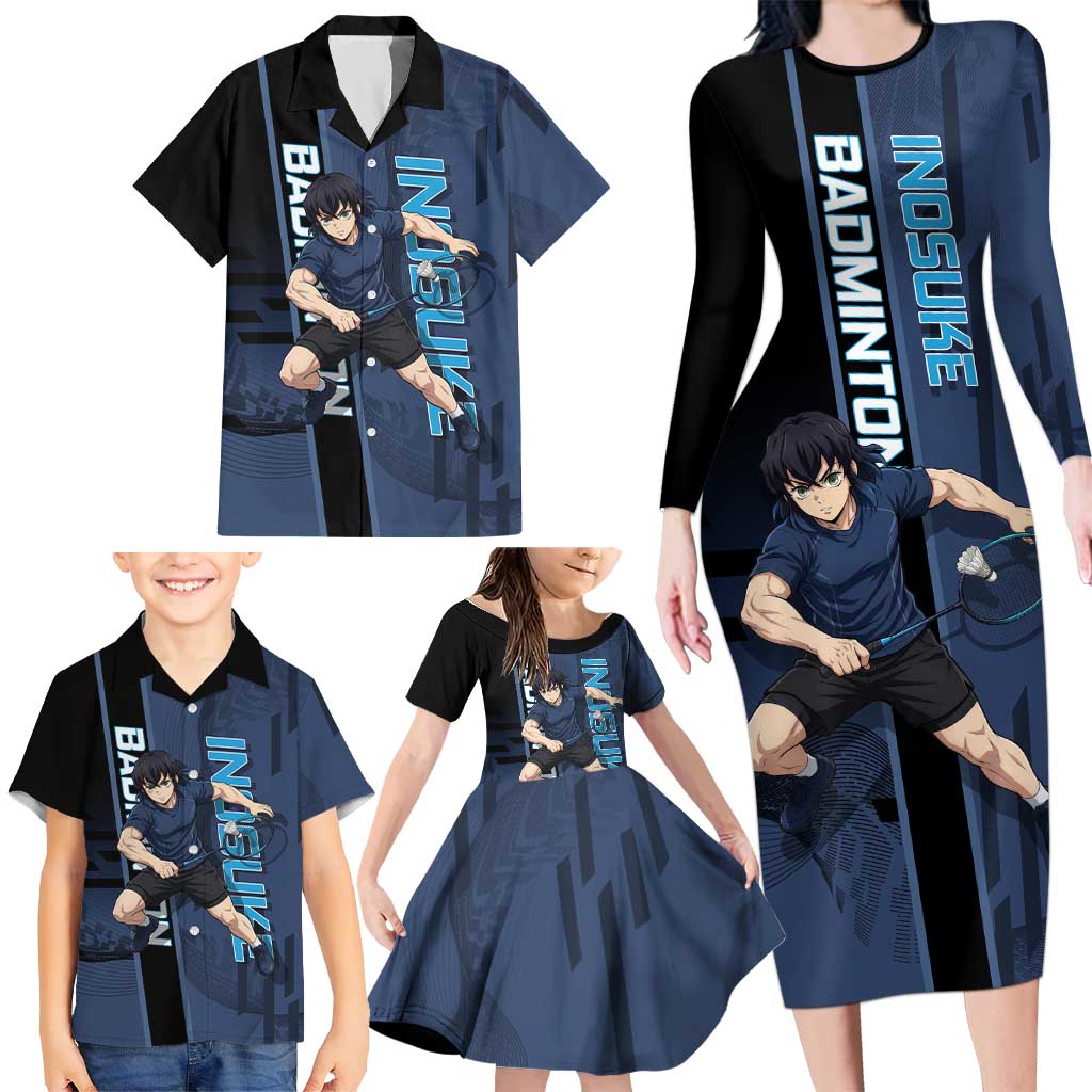 Personalized Inosuke Blue Lock Family Matching Long Sleeve Bodycon Dress and Hawaiian Shirt Crossover Badminton Design with Action Pose