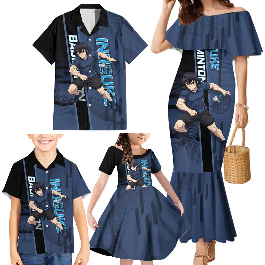 Personalized Inosuke Blue Lock Family Matching Mermaid Dress and Hawaiian Shirt Crossover Badminton Design with Action Pose
