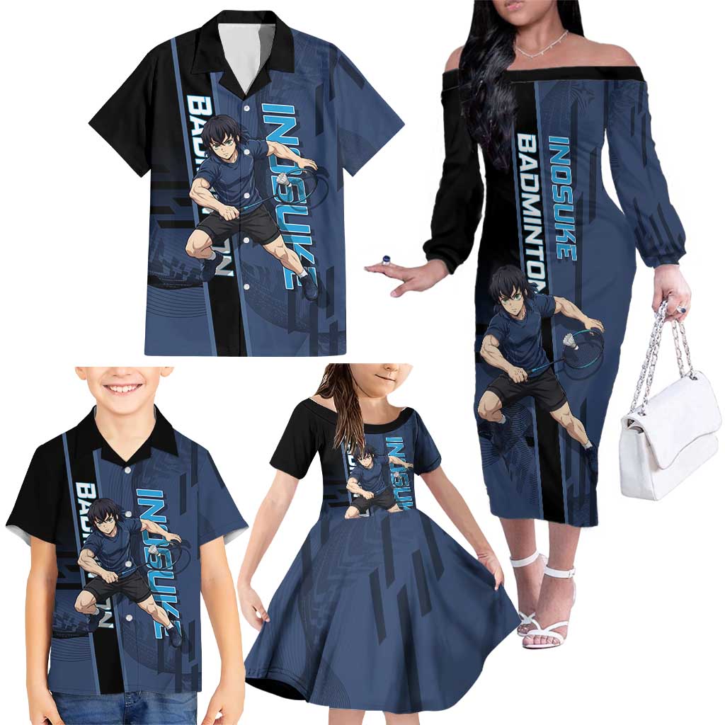 Personalized Inosuke Blue Lock Family Matching Off The Shoulder Long Sleeve Dress and Hawaiian Shirt Crossover Badminton Design with Action Pose