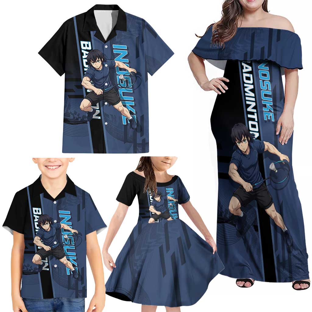 Personalized Inosuke Blue Lock Family Matching Off Shoulder Maxi Dress and Hawaiian Shirt Crossover Badminton Design with Action Pose