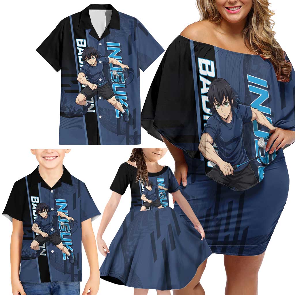 Personalized Inosuke Blue Lock Family Matching Off Shoulder Short Dress and Hawaiian Shirt Crossover Badminton Design with Action Pose