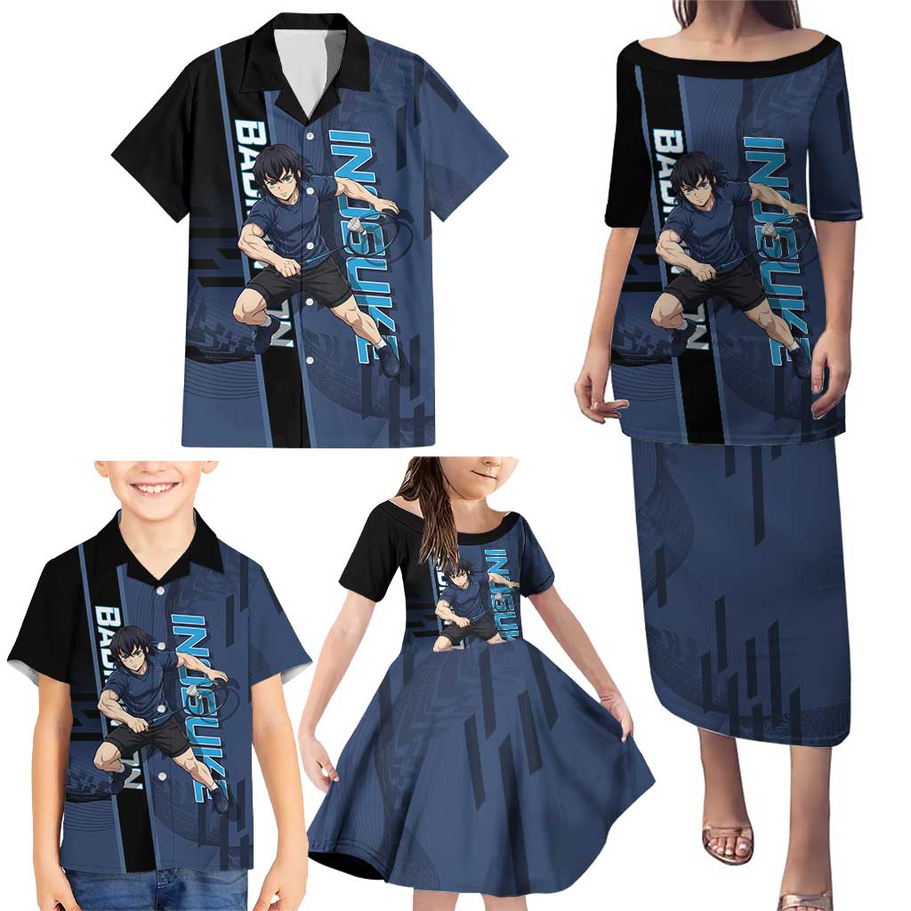 Personalized Inosuke Blue Lock Family Matching Puletasi and Hawaiian Shirt Crossover Badminton Design with Action Pose