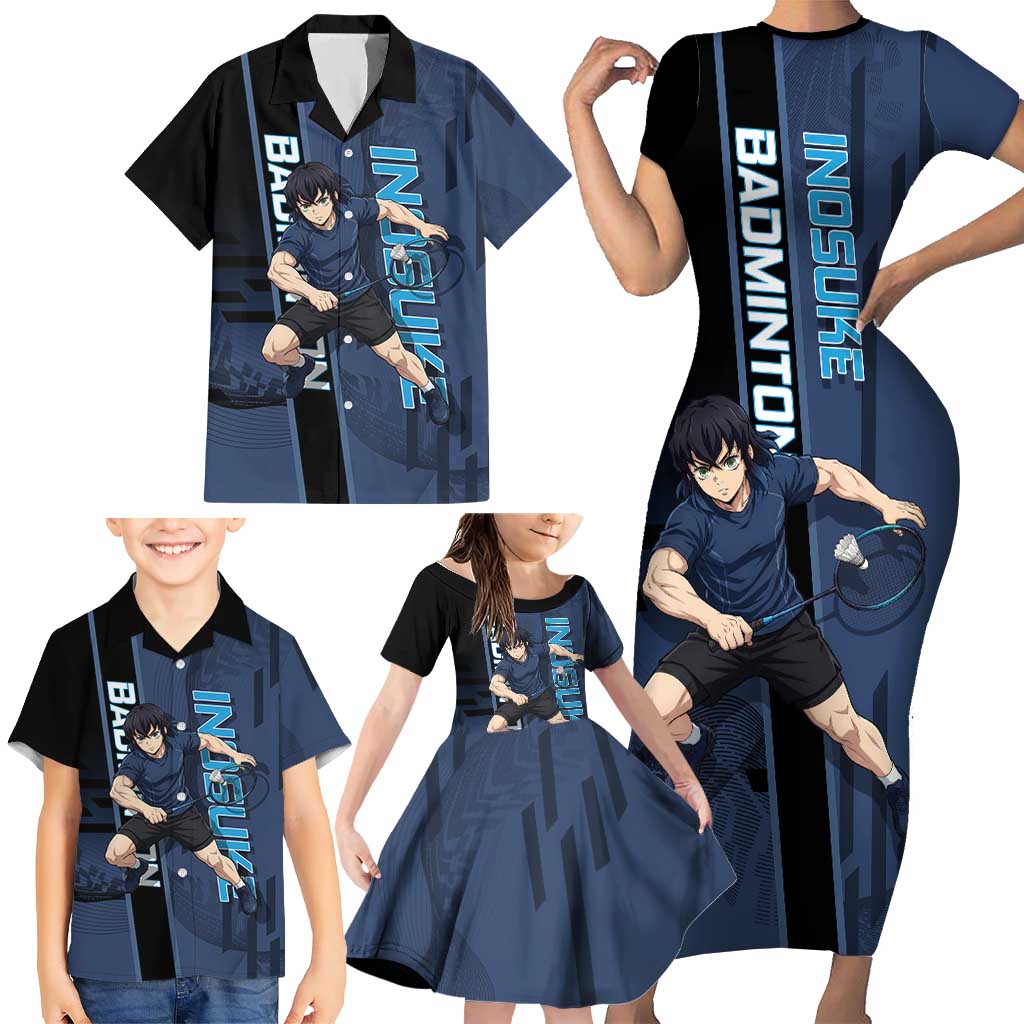 Personalized Inosuke Blue Lock Family Matching Short Sleeve Bodycon Dress and Hawaiian Shirt Crossover Badminton Design with Action Pose