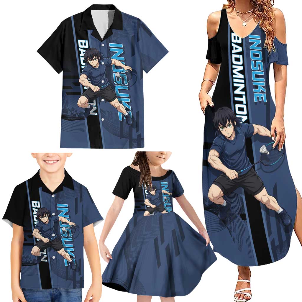 Personalized Inosuke Blue Lock Family Matching Summer Maxi Dress and Hawaiian Shirt Crossover Badminton Design with Action Pose