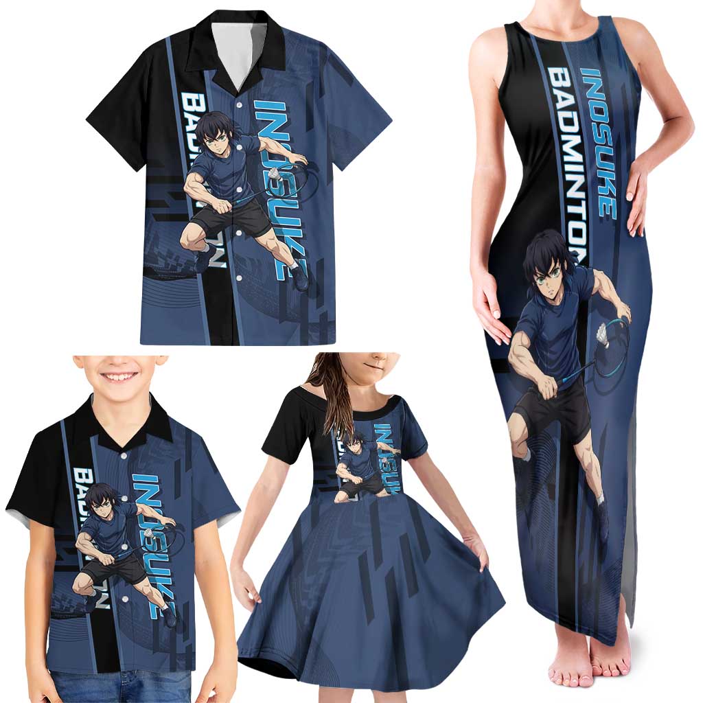 Personalized Inosuke Blue Lock Family Matching Tank Maxi Dress and Hawaiian Shirt Crossover Badminton Design with Action Pose