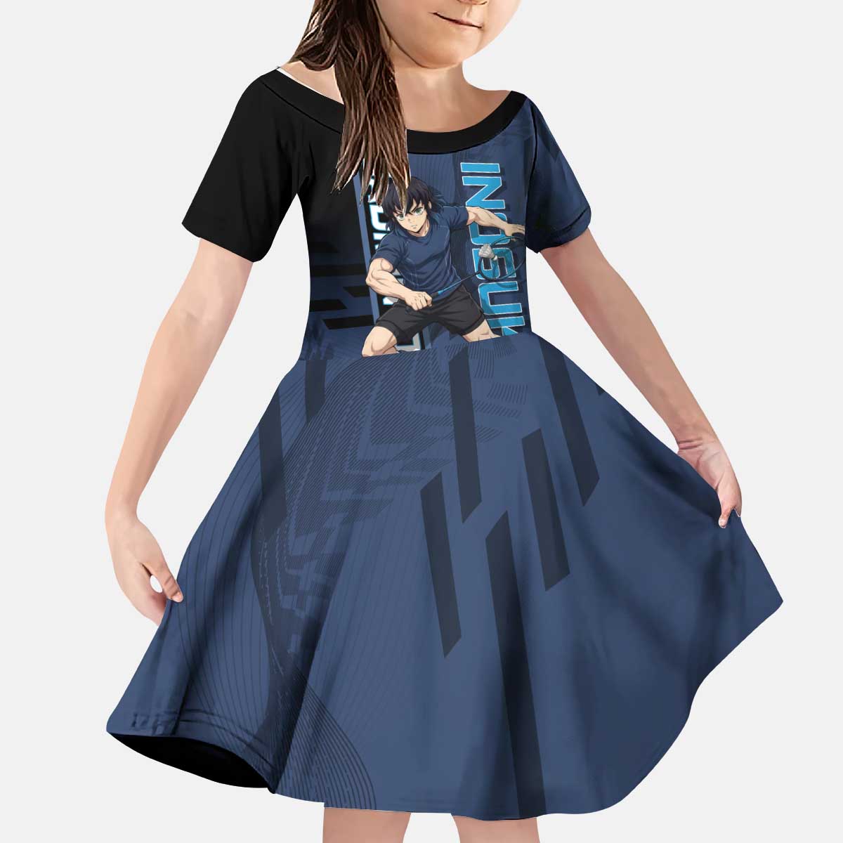 Personalized Inosuke Blue Lock Kid Short Sleeve Dress Crossover Badminton Design with Action Pose - The Mazicc
