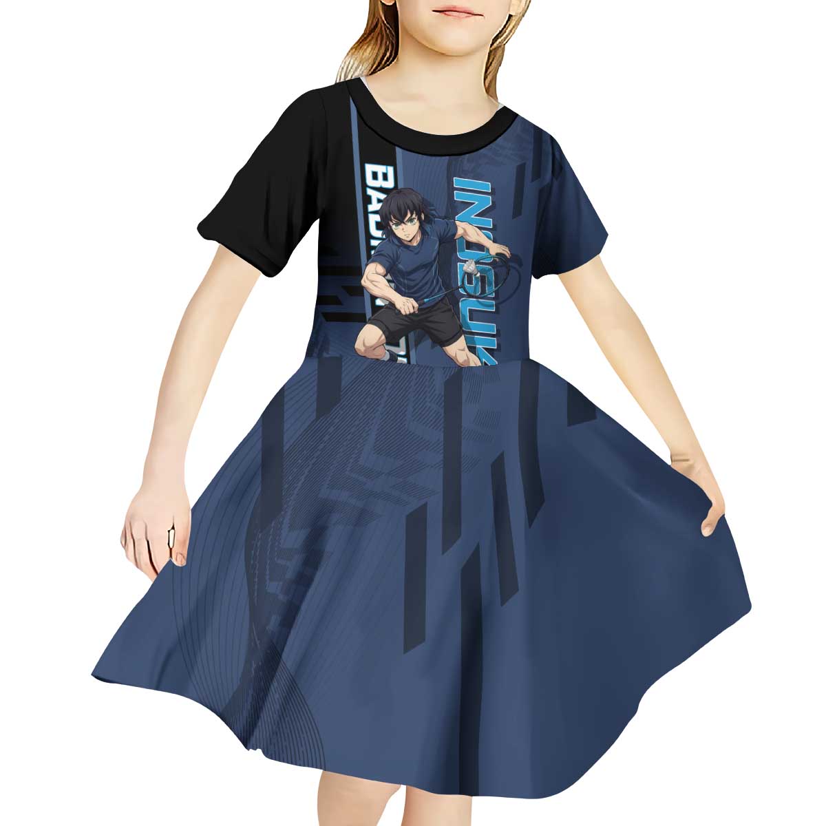 Personalized Inosuke Blue Lock Kid Short Sleeve Dress Crossover Badminton Design with Action Pose - The Mazicc