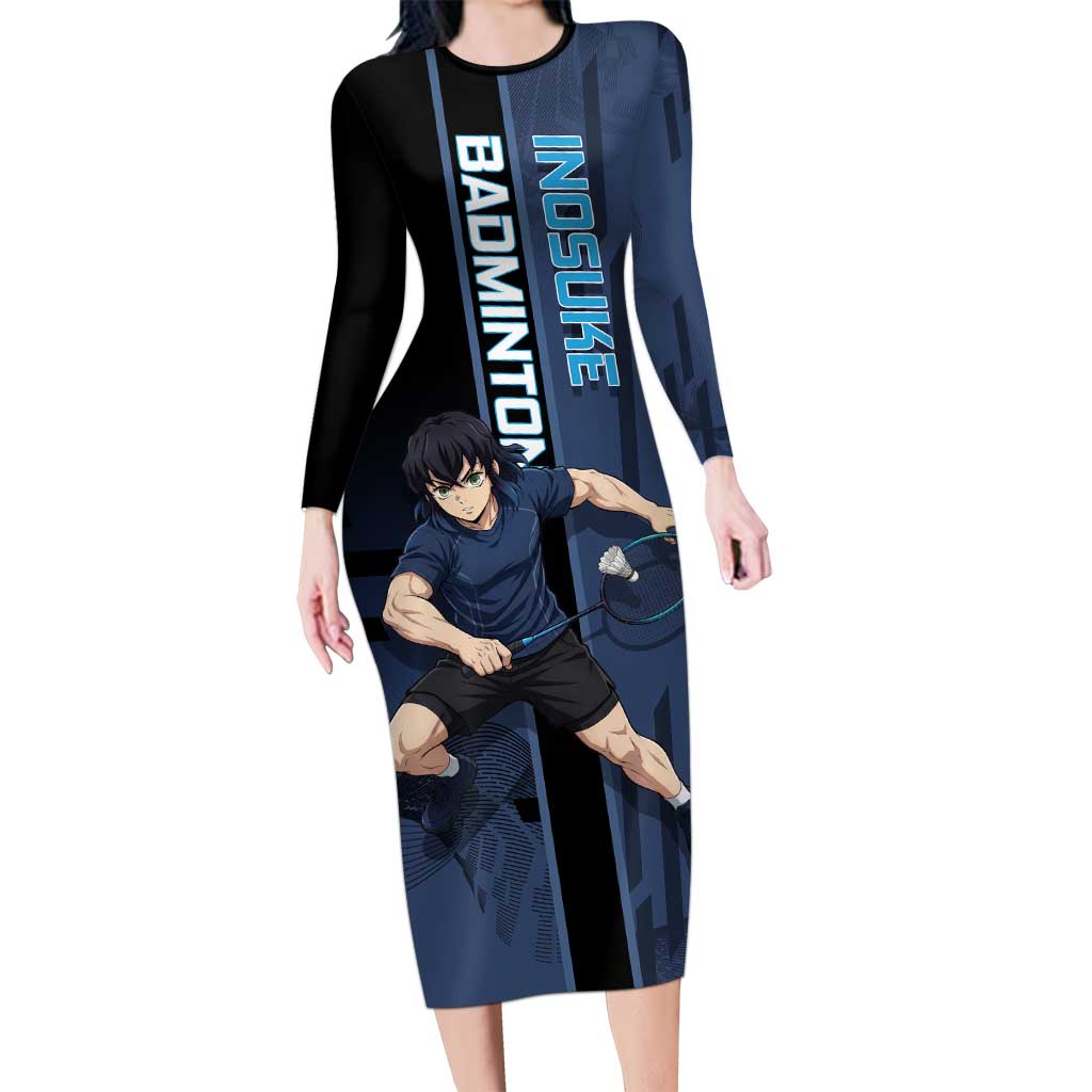Personalized Inosuke Blue Lock Long Sleeve Bodycon Dress Crossover Badminton Design with Action Pose - The Mazicc