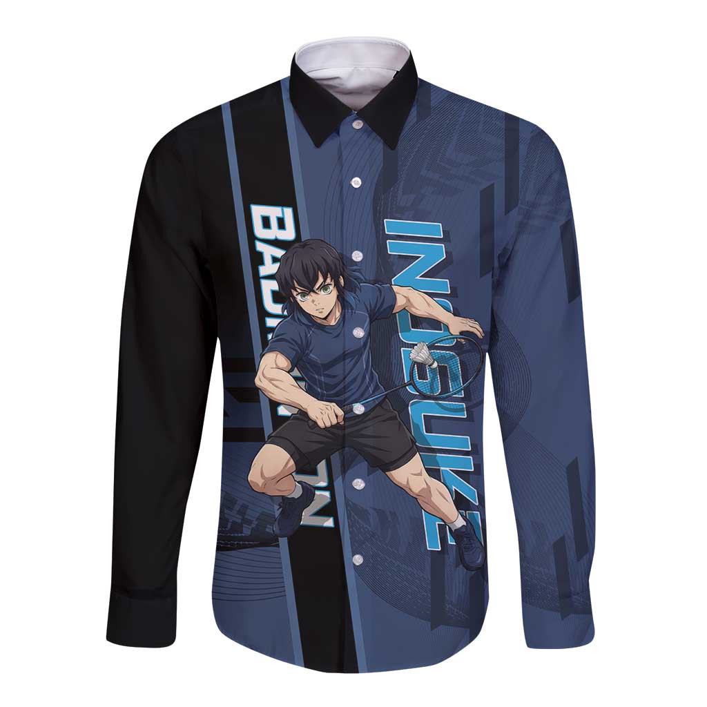 Personalized Inosuke Blue Lock Long Sleeve Button Shirt Crossover Badminton Design with Action Pose - The Mazicc