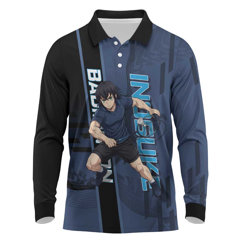 Personalized Inosuke Blue Lock Long Sleeve Polo Shirt Crossover Badminton Design with Action Pose - The Mazicc