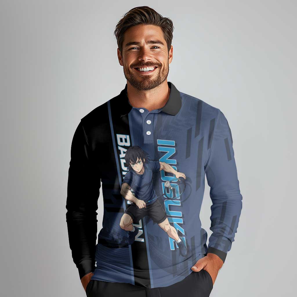 Personalized Inosuke Blue Lock Long Sleeve Polo Shirt Crossover Badminton Design with Action Pose - The Mazicc