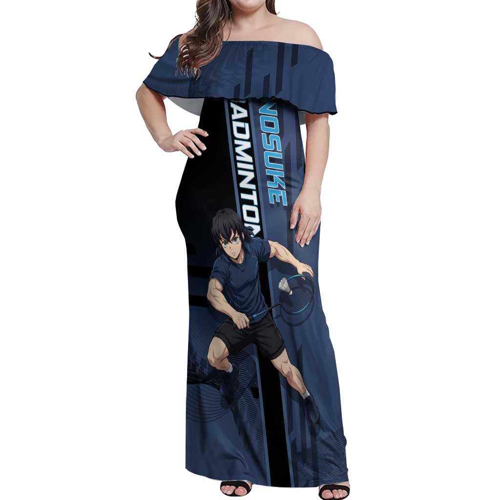 Personalized Inosuke Blue Lock Off Shoulder Maxi Dress Crossover Badminton Design with Action Pose - The Mazicc