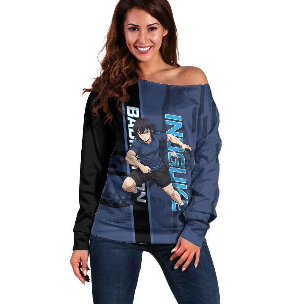 Personalized Inosuke Blue Lock Off Shoulder Sweater Crossover Badminton Design with Action Pose - The Mazicc