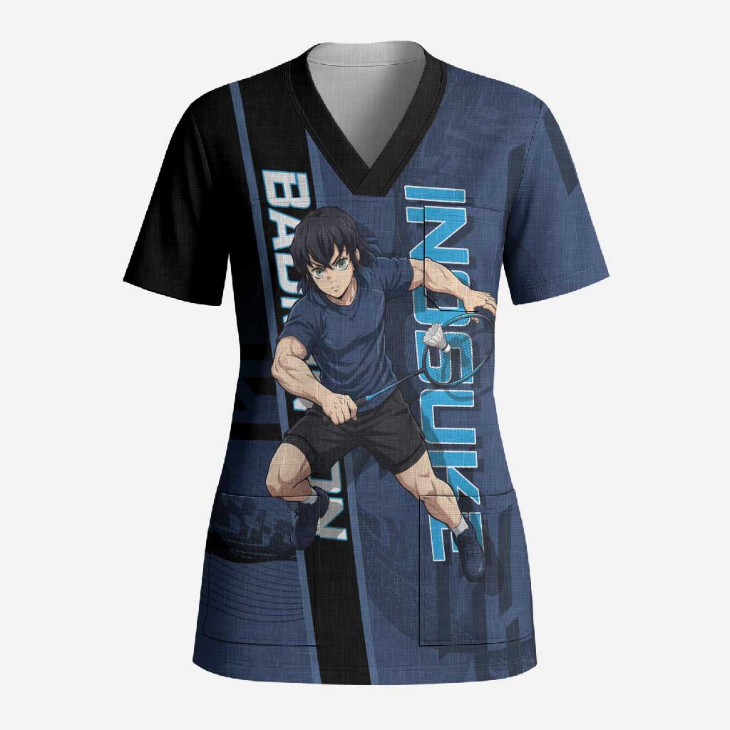 Personalized Inosuke Blue Lock Scrub Top Crossover Badminton Design with Action Pose - The Mazicc