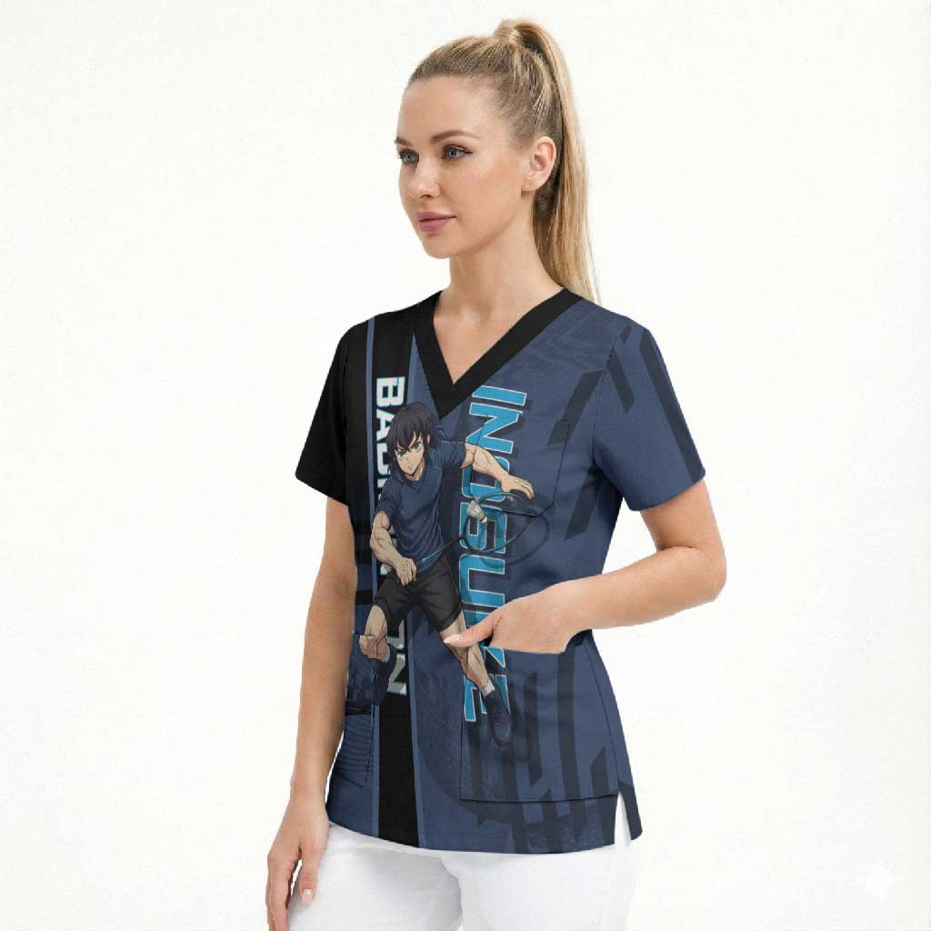 Personalized Inosuke Blue Lock Scrub Top Crossover Badminton Design with Action Pose - The Mazicc