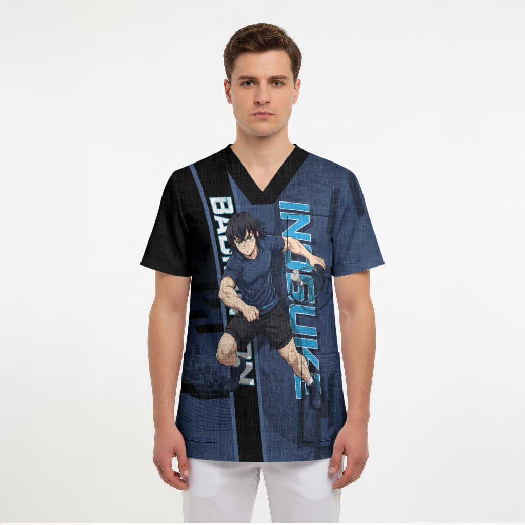 Personalized Inosuke Blue Lock Scrub Top Crossover Badminton Design with Action Pose - The Mazicc