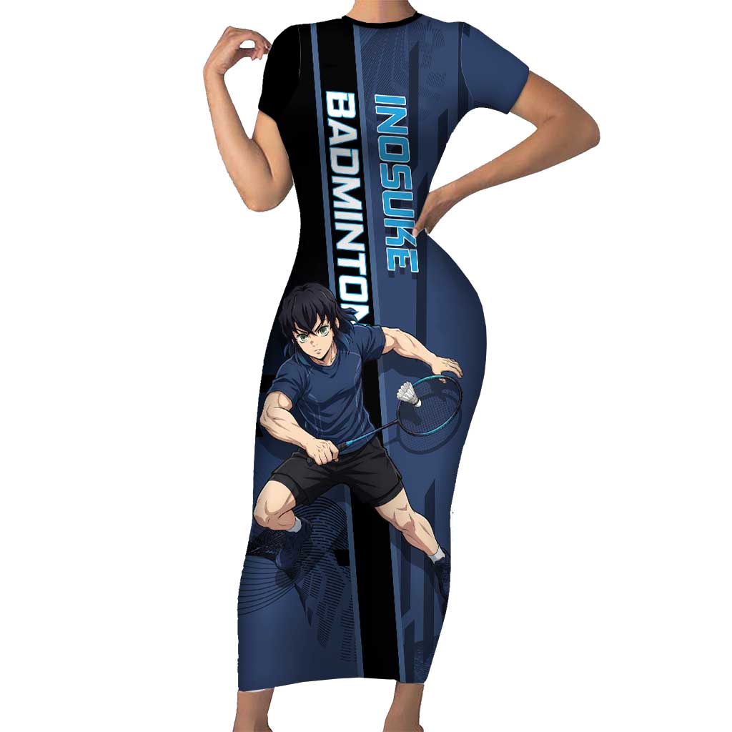 Personalized Inosuke Blue Lock Short Sleeve Bodycon Dress Crossover Badminton Design with Action Pose - The Mazicc