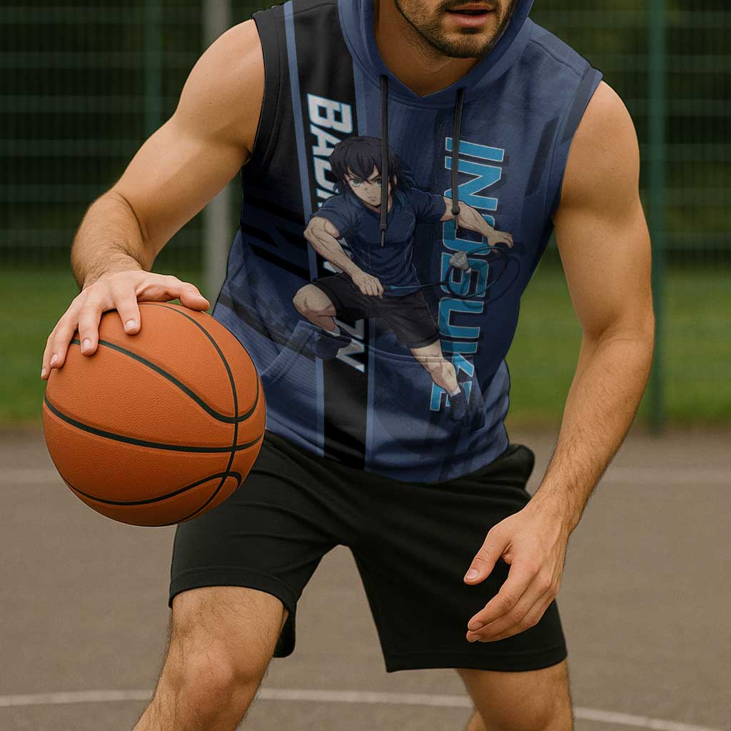Personalized Inosuke Blue Lock Sleeveless Hoodie Crossover Badminton Design with Action Pose - The Mazicc