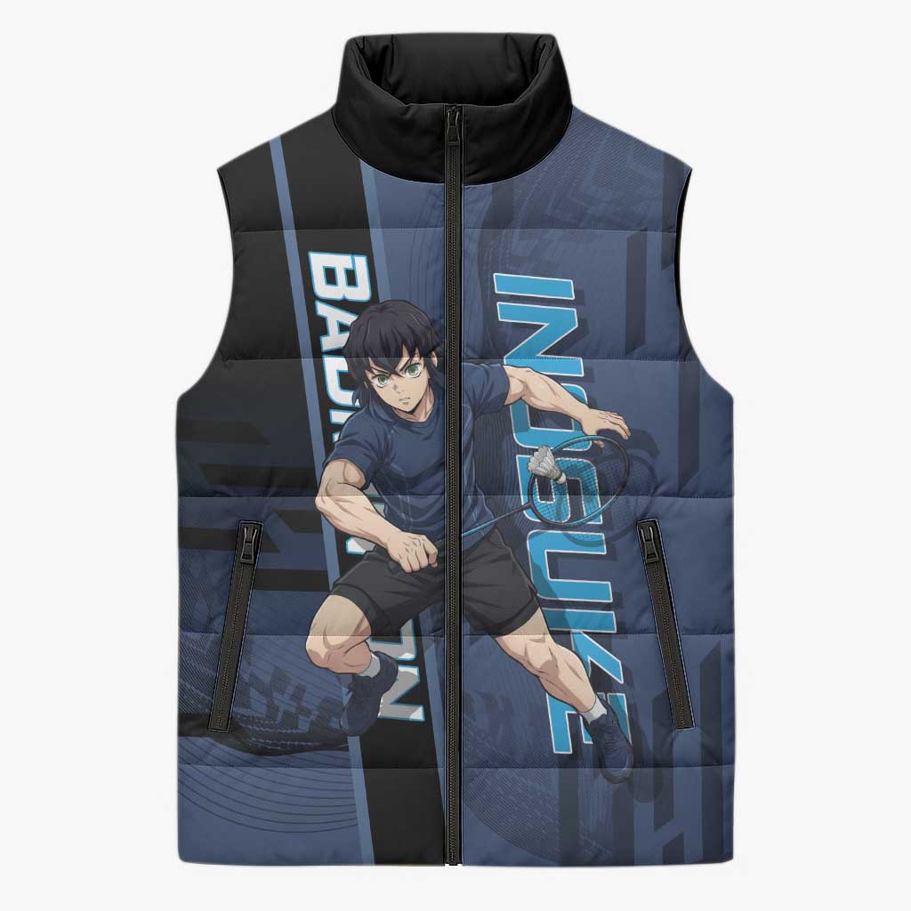 Personalized Inosuke Blue Lock Sleeveless Puffer Jacket Crossover Badminton Design with Action Pose - The Mazicc