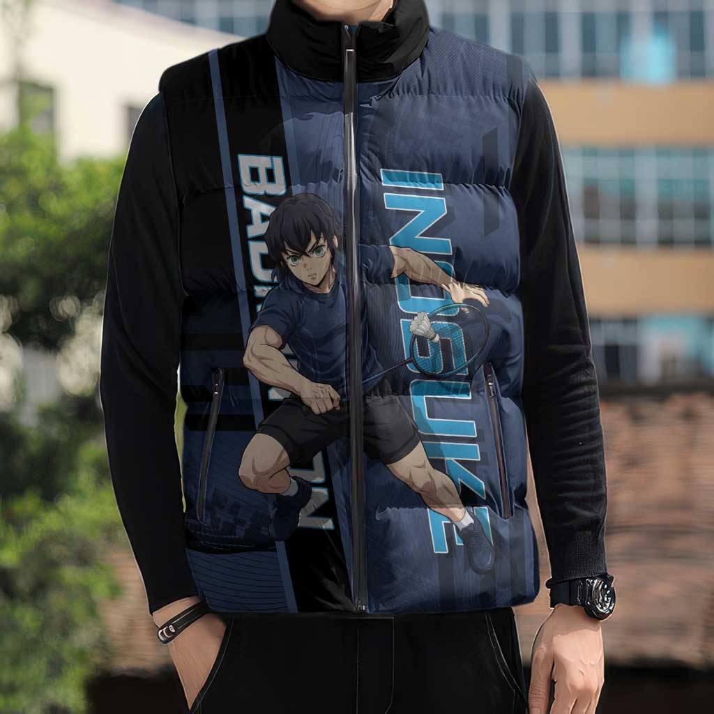 Personalized Inosuke Blue Lock Sleeveless Puffer Jacket Crossover Badminton Design with Action Pose - The Mazicc